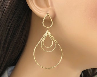 Long Gold Chandelier Earrings, Go To Dainty Statement Earrings, Geometric Open Teardrop Earrings, Large Gold Earrings on Teardrop Post