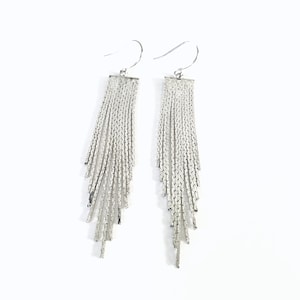 May include: A pair of silver-toned fringe earrings. Each earring features a rectangular top with multiple strands of delicate, chain-like fringe cascading downwards. The earrings hang from simple, curved ear wires, creating a flowing, elegant design.