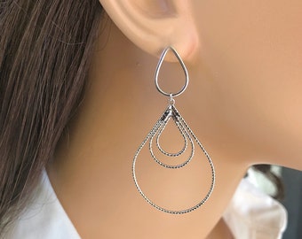 Statement Chandelier Earrings for Work, Neutral Large Earrings, Simple Statement Jewelry for Women, Dangle Silver Lightweight Earrings