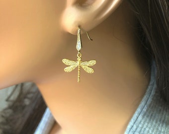 Dragonfly Earrings, Nature Inspired Earrings, Dragonfly Themed Gift for Woman, Lightweight Insect Earrings, Dragon Fly Botanical Earrings