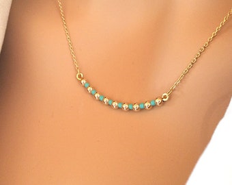 Dainty Turquoise Choker Necklace, Delicate Gold Necklace, Tiny Bead Necklace, 16 Inch Necklace Gold and Turquoise Necklace, Thin Gold Choker