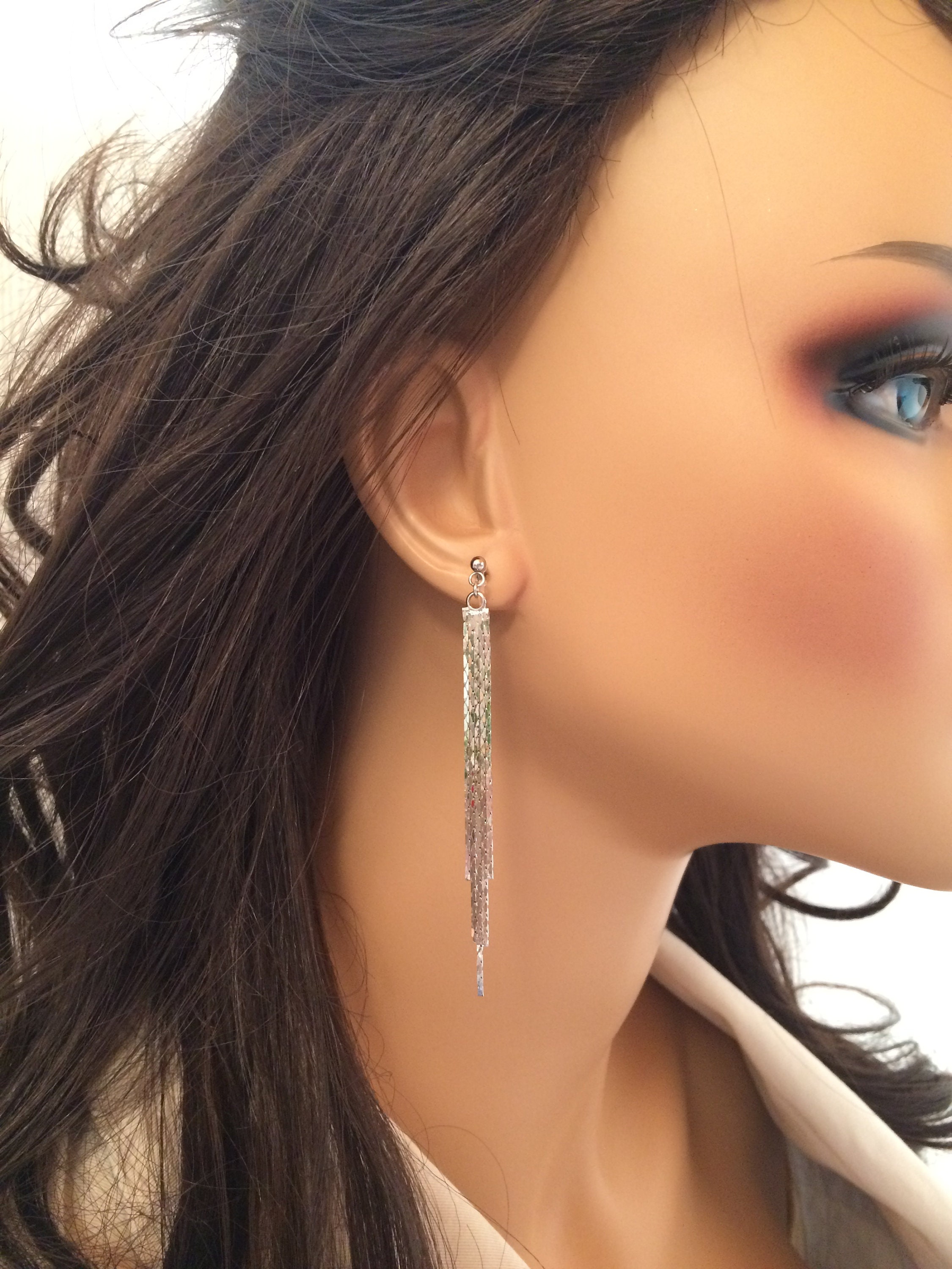 Long Silver Clip On Earrings that Dangle Chain Tassel Etsy