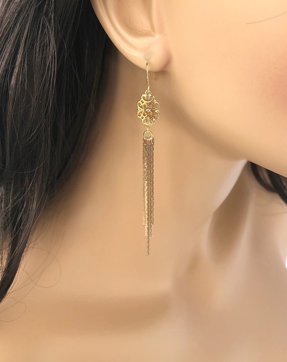 Long Gold Dangle Earrings Formal Chain Drop Earrings With - Etsy