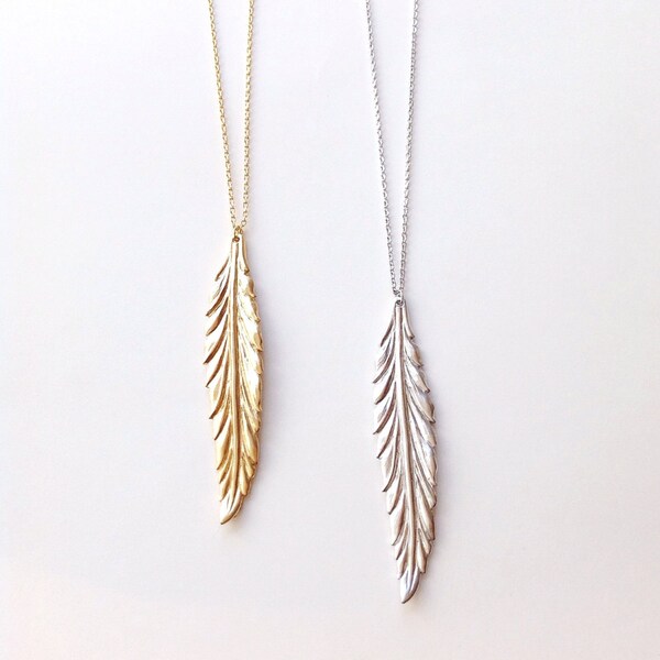 Long collier de plumes d'or, collier pendentif en plumes d'argent avec chaîne robuste, long collier de plumes Boho en métal, choisissez la longueur