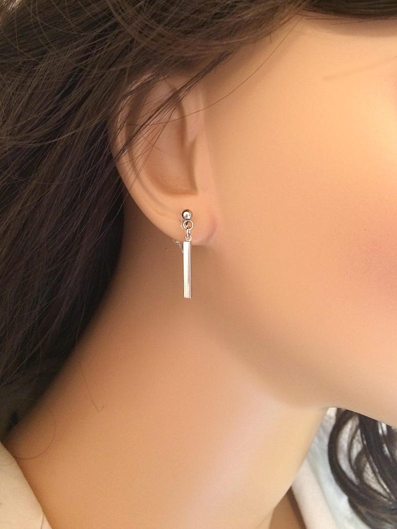 Silver Clip On Earrings Dangle for Sensitive Ears, Slim Bar, Small Modern Invisible Clip, Short Petite Minimalist, Everyday Jewelry image 1