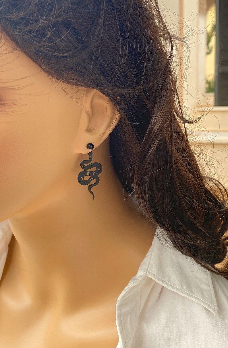 Unique Black Snake Earrings, Serpent Silhouette Dangle, Snake Coil Front Back Earrings, Stylish and Trendy Accessories, Personal Statement image 6