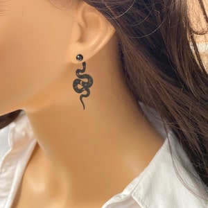 Unique Black Snake Earrings, Serpent Silhouette Dangle, Snake Coil Front Back Earrings, Stylish and Trendy Accessories, Personal Statement image 5