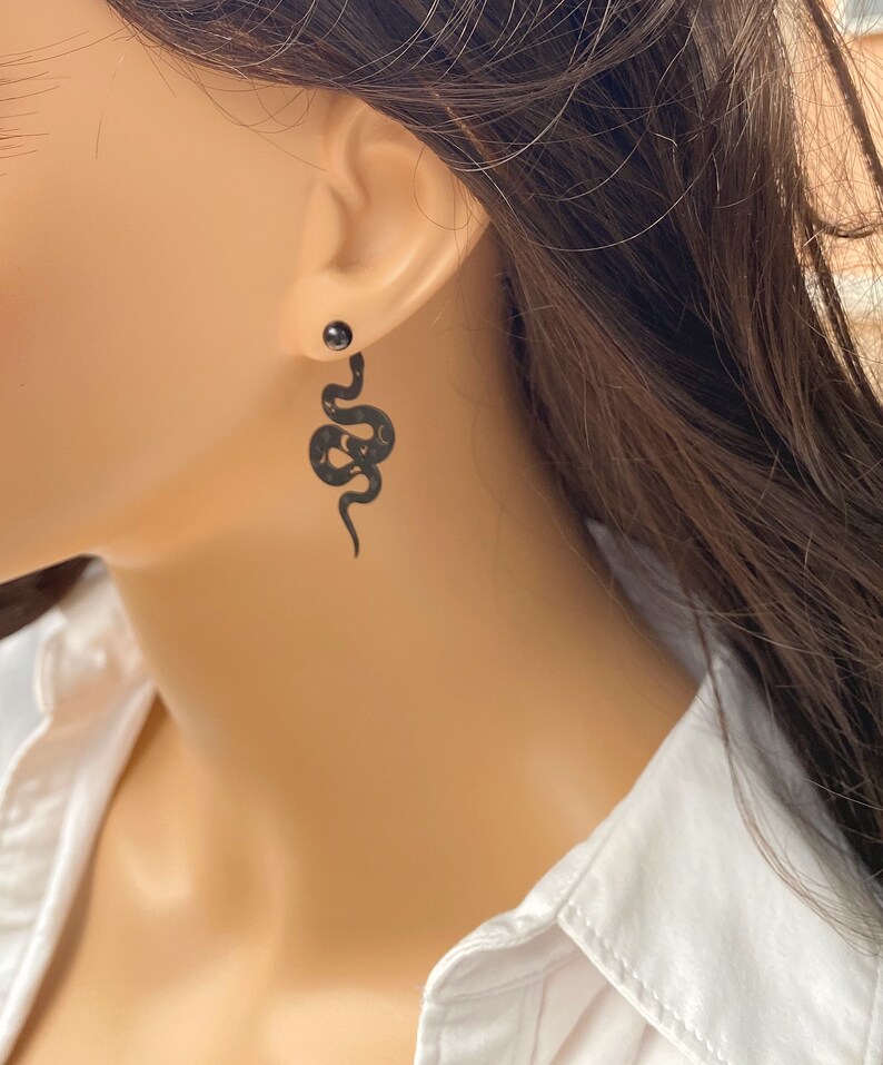 Unique Black Snake Earrings, Serpent Silhouette Dangle, Snake Coil Front Back Earrings, Stylish and Trendy Accessories, Personal Statement image 5