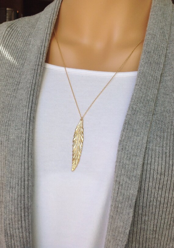 Long Gold Feather Necklace Silver Feather Pendant Necklace With