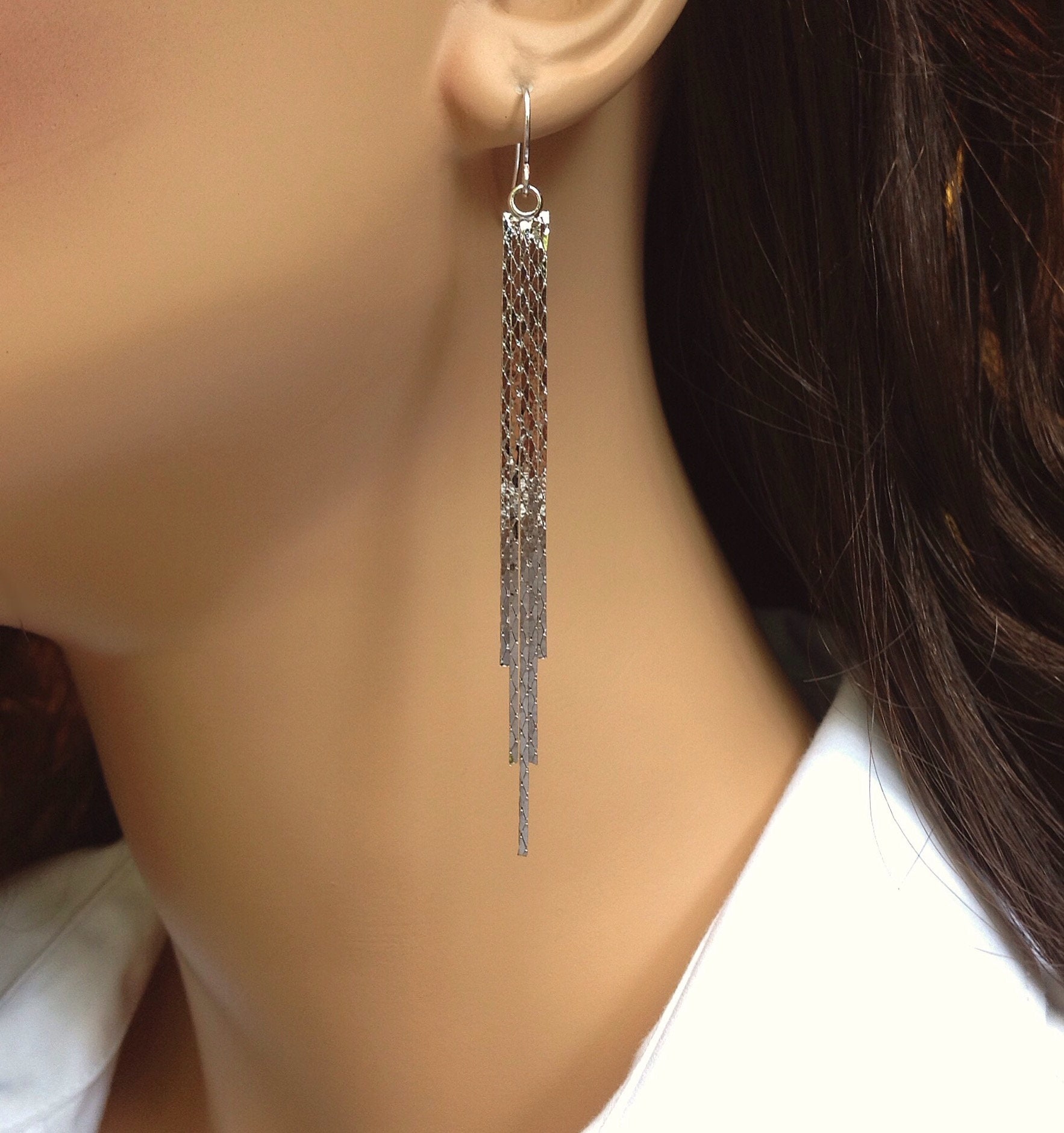 Long Silver Clip On Earrings that Dangle Chain Tassel Etsy