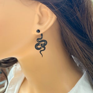 Unique Black Snake Earrings, Serpent Silhouette Dangle, Snake Coil Front Back Earrings, Stylish and Trendy Accessories, Personal Statement image 2