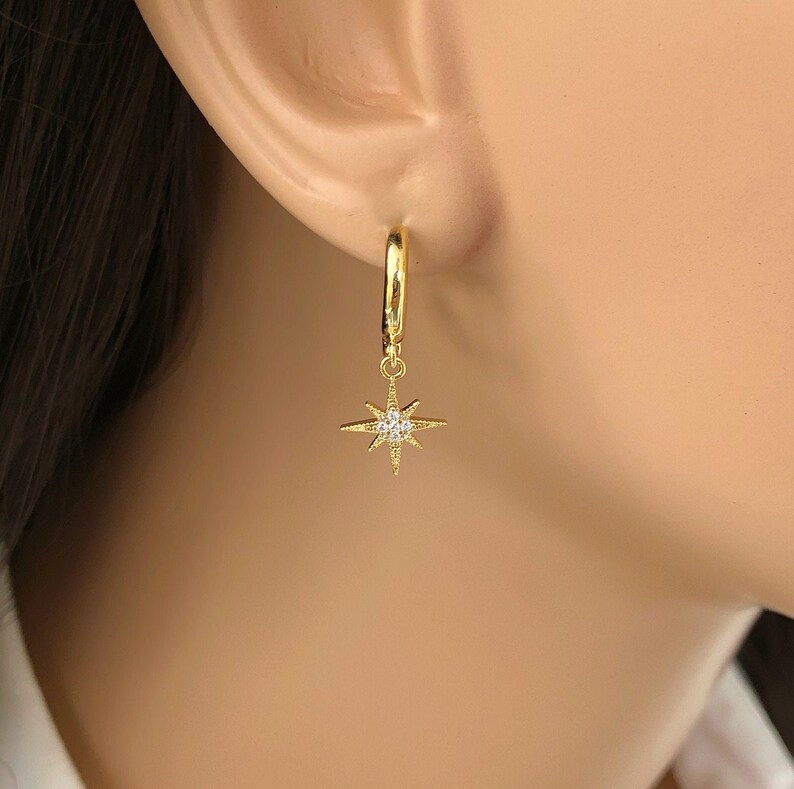 14K Yellow Gold Endless Star Charm Huggie Hoop Earrings