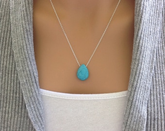 Simple Turquoise Pendant Necklace for Women, Long Dainty Turquoise Teardrop Necklace, Pear Shape Pendant Stone