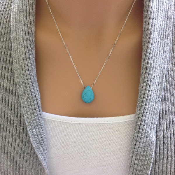 Simple Turquoise Necklace, Turquoise Teardrop Necklace, Turquoise Necklace Silver, Minimalist Pendant Necklace, Turquoise Long Necklace