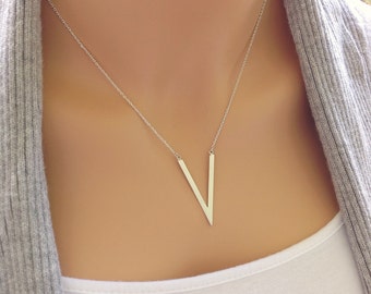 V Necklace, Long Silver Pendant Necklace, Chevron Bar Necklace, Gold V Shaped Necklace, Chevron Jewelry, Gold Layered Necklace for Layering