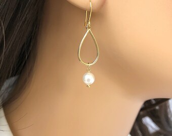 Gold Pearl Dangle Earrings for Wedding, Pearl Teardrop Hoop Earrings for Bridesmaids, Jewelry Bridal Teardrop Earrings, Simple Gift Earrings