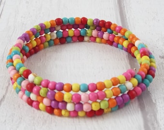 Dyed Howlite Memory Wire Bracelet | Multi-Coloured, Rainbow, Beaded Bracelet, Coil Bracelet, Multi Wrap Bracelet