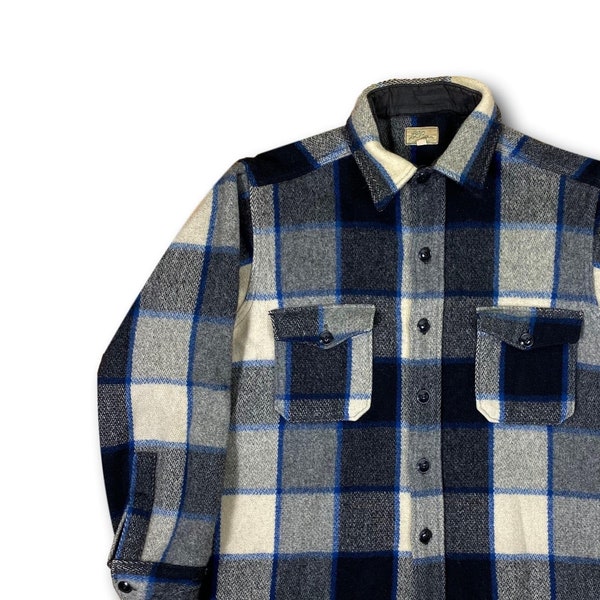 Vintage 70's LL BEAN Cursive Script Label Blue Shadow Plaid Casual Outdoor Hunting Wool Shirt Cpo Chaqueta Hecha en usa
