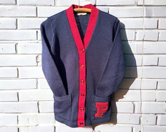 Vintage 60's MITCHELL & NESS Sporting Goods Navy Blue Red Wool Varsity Letterman Cardigan Sweater