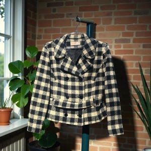 Könnte beinhalten: Eine schwarz-cremefarbene, karierte, zweireihige Jacke mit Reverskragen und zwei Knopfreihen. Die Jacke hängt an einem Kleiderbügel vor einer Backsteinmauer. Die Jacke hat zwei Vordertaschen.