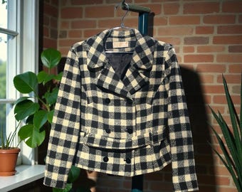 Vintage PENDLETON Black & Cream Checkered Plaid Crop Peacoat Jacket Coat Sz 14