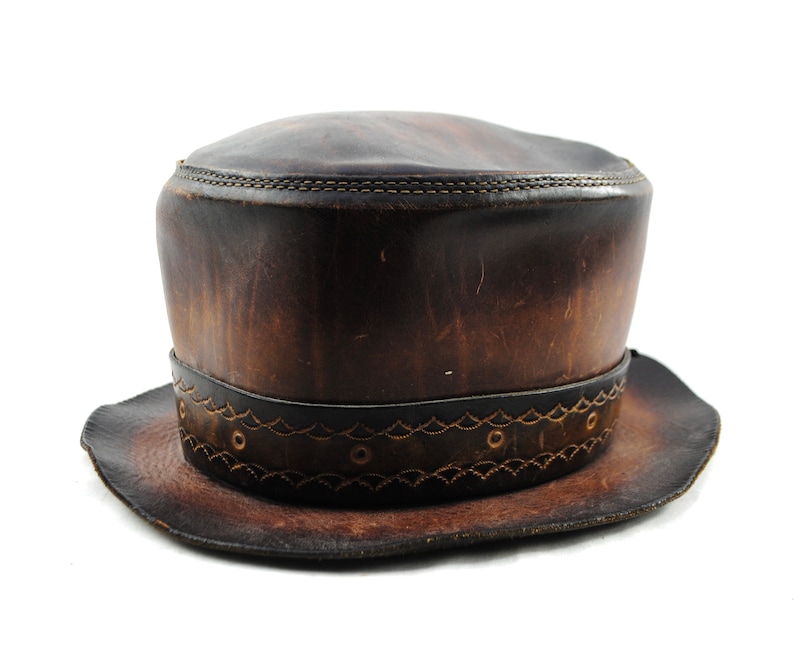 STEAMPUNK VICTORIAN GOTHIC Genuine Brown Black Leather Mens MAD HATTER TOP HAT