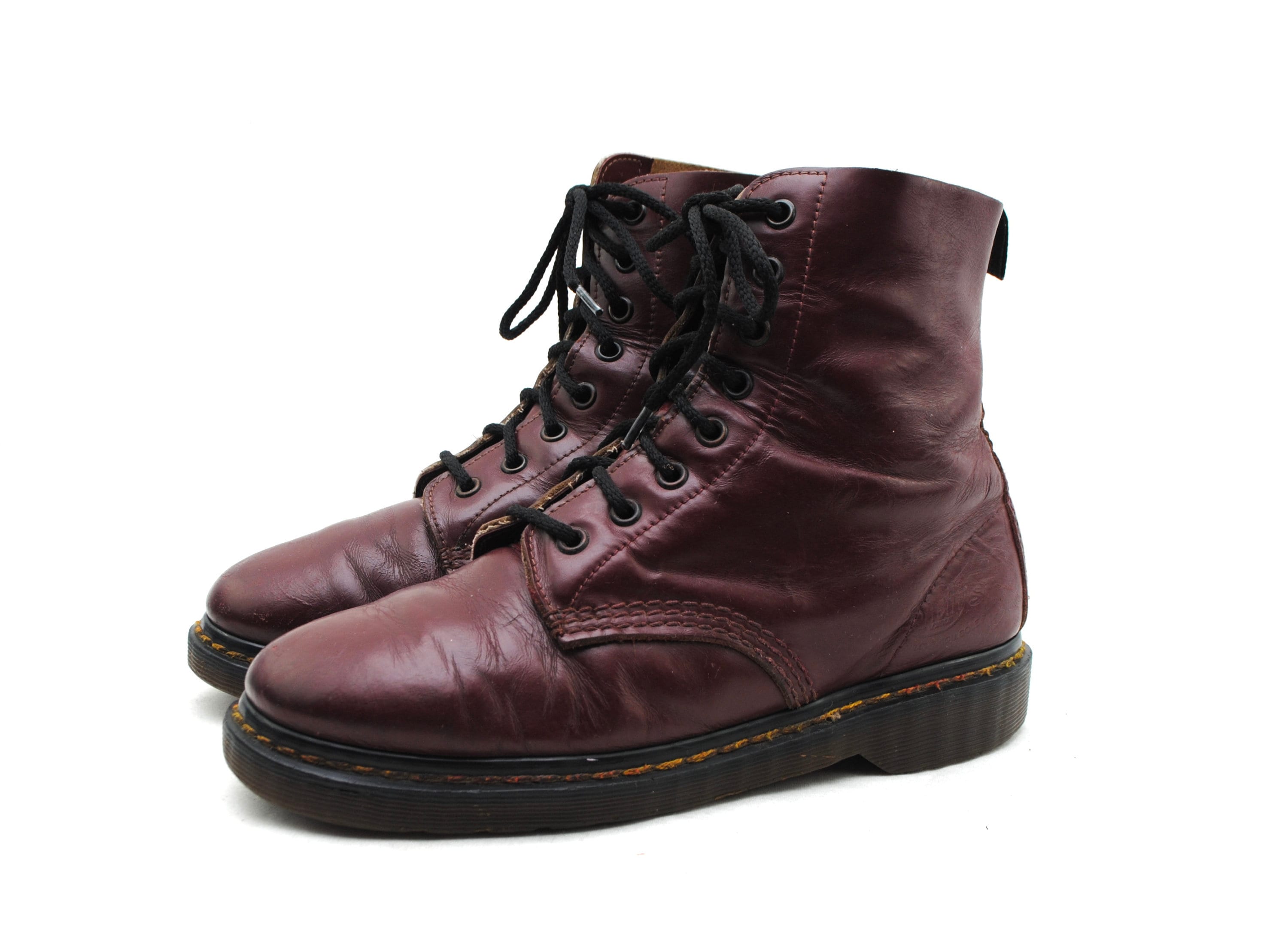 Vintage DR. MARTENS raiders Shelly s London Double Stitch Dark Red Maroon Leather 8 Eye Combat Ankle Boots UK 6 Men s 7 Women s 8 Etsy UK
