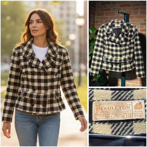 May include: A black and cream checkered wool jacket with a double-breasted design. The jacket has a peplum waist and a label that reads "Pendleton Woolen Mills". The jacket is worn with blue jeans.