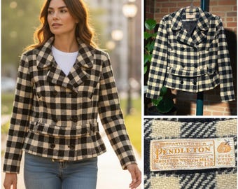 Vintage PENDLETON Czarno-kremowa, kratkowana, krótka kurtka typu peacoat, rozmiar 14