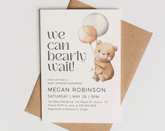 Op de afbeelding: Een babyshower-uitnodiging met een aquarel-illustratie van een bruine beer die ballonnen vasthoudt. De tekst luidt "we can bearly wait!" en bevat de naam Megan Robinson, de datum en tijd van de babyshower, en de locatie.