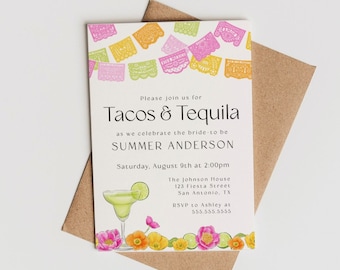 Sjabloon uitnodiging Fiesta vrijgezellenfeest, taco's en tequila vrijgezellenfeest uitnodigen, Margarita vrijgezellenfeest, Papel Picado vrijgezellenfeest uitnodigen