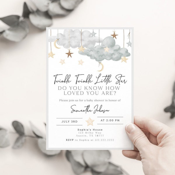 Twinkle Twinkle Little Star Baby Shower Invitation Template, Moon and Stars Baby Shower Invite, Twinkle Baby Sprinkle, Clouds Baby Shower