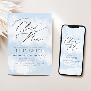 On Cloud Nine Bachelorette Weekend Invitation Template, The Bride is On Cloud Nine, Cloud 9 Bachelorette iPhone Invitation, Cloud Theme Bach