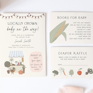 Locally Grown Baby Shower Invitation Set, Farmer&#39;s Market Baby Shower Template, Organic Baby, Couples Shower, Books for Baby, Diaper Raffle