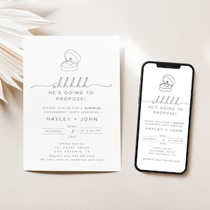 Puede incluir: Una invitación blanca y una pantalla de teléfono inteligente que muestra un diseño minimalista para una fiesta de compromiso sorpresa. El diseño incluye una ilustración de anillo, la frase "He's Going to Propose!" y detalles del evento.