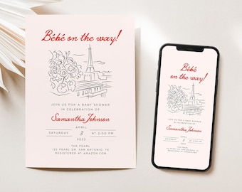 Invitación al baby shower parisino: Bonjour Bébé, plantilla editable