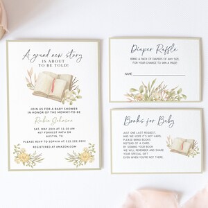 Storybook Baby Shower Invite Set, Printable Book Themed Baby Shower Template Suite, Gender Neutral Baby Shower Bundle, Sage Green