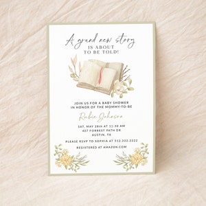 Storybook Baby Shower Invite Set, Book Theme Baby Shower Template Suite, Gender Neutral Baby Shower Bundle, Sage Green, Vintage Baby Shower