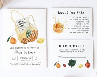 Locally Grown Baby Shower Invitation Set, Farmer's Market Baby Shower Template, Organic Baby, Couples Shower, Citrus Baby Shower, Editable