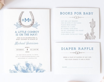 May include: A baby shower invitation with a blue and white color scheme. The invitation features a horseshoe with the initials "HMR" and a cactus illustration. The text reads "A Little Cowboy is on the Way!" and includes the date, time, and location of the event. There is also a separate card for a diaper raffle.