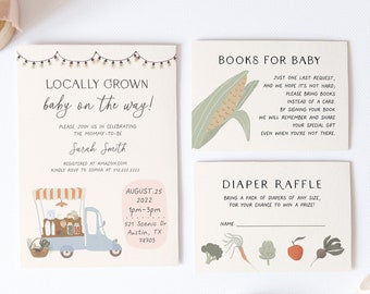 Locally Grown Baby Shower Invitation Set, Farmer's Market Baby Shower Template, Organic Baby, Couples Shower, Books for Baby, Diaper Raffle