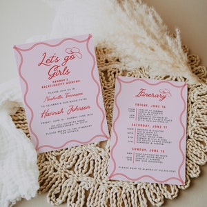 Nashville Einladung & Reiseplan Vorlage, Let&#39;s Go Girls Bachelorette Weekend Invite, Last Rodeo, Let&#39;s Get Nashty, Western, Country, Pink