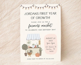 Farmers Market Birthday Invitation, First Year of Growth, Vegetables Locally Grown Veggies Farm Fruits Market Printable Invitation Template