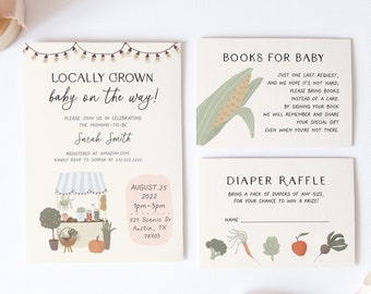 Locally Grown Baby Shower Invitation Set, Farmer&#39;s Market Baby Shower Template, Organic Baby, Couples Shower, Books for Baby, Diaper Raffle