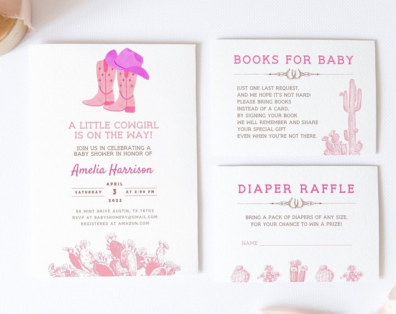 Pink Western Baby Shower Invitation Set Little Cowgirl Baby Shower Template Little Cowgirl Rustic Country Western Baby