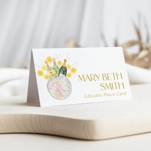 Plantilla de tarjeta de lugar de fiesta de Nochevieja, tabla de asientos para fiesta de Nochevieja, decoración de fiesta de Nochevieja, etiquetas de buffet de Nochevieja, imprimible
