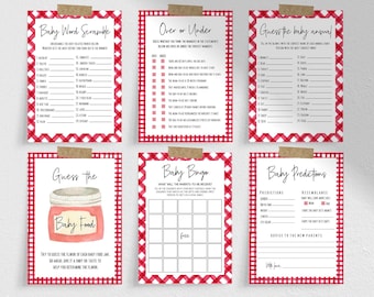 May include: Six printable baby shower game templates with a red and white gingham pattern. The games include Baby Word Scramble, Over or Under, Guess the Baby Animal, Guess the Baby Food, Baby Bingo, and Baby Predictions.