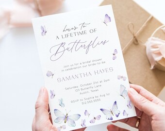 May include: A purple and white butterfly themed bridal shower invitation with the text "here's to a lifetime of butterflies" and the bride-to-be's name, Samantha Hayes. The invitation includes the date, time, location, and RSVP information.
