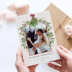 Modèle de carte de Noël marié, carte de Noël pour jeunes mariés, joyeux et mariés, premier Noël, photo de mariage, Noël au gui, modifiable