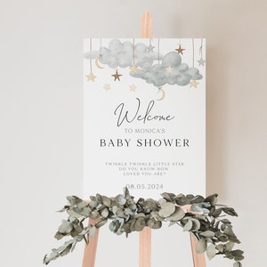Baby Shower Welcome Sign, Twinkle Twinkle Little Star Baby Shower Welcome Sign, Moon Stars Sign, Gender Neutral Moon and Stars, Printable